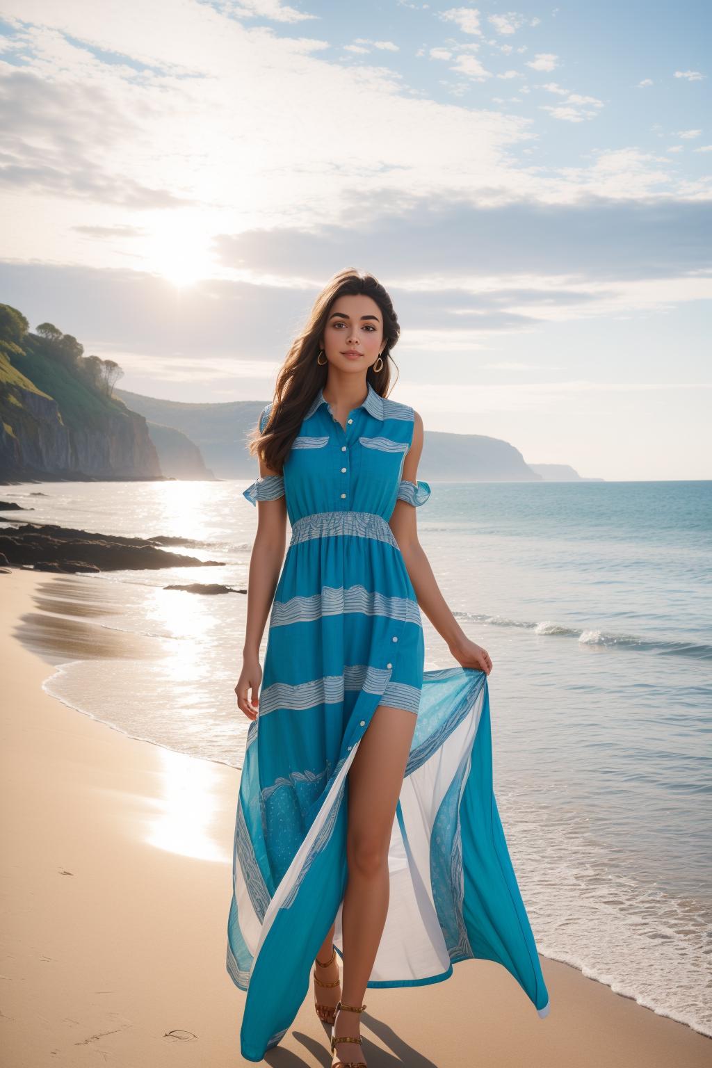 A woman in a blue dress standing on a beach - SeaArt AI