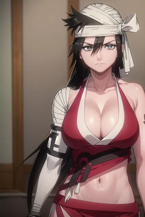 kukakushiba, <lora:kukakushiba-lora-nochekaiser:1>, 
kukaku shiba, long hair, black hair, (grey eyes:1.5), bandages,
BREAK amputee, ankle wrap, cleavage, japanese clothes, sarong, tattoo,
BREAK indoors,
BREAK looking at viewer, (cowboy shot:1.5),
BREAK <lyco:GoodHands-beta2:1>, (masterpiece:1.2), best quality, high resolution, unity 8k wallpaper, (illustration:0.8), (beautiful detailed eyes:1.6), extremely detailed face, perfect lighting, extremely detailed CG, (perfect hands, perfect anatomy),