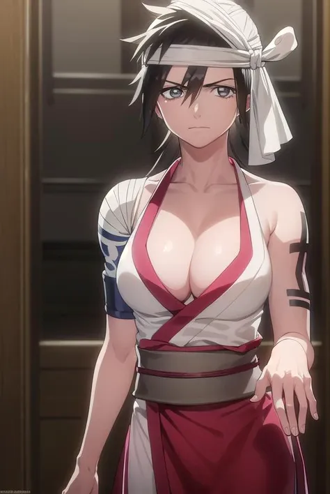 kukakushiba, <lora:kukakushiba-lora-nochekaiser:1>, 
kukaku shiba, long hair, black hair, (grey eyes:1.5), bandages,
BREAK amputee, ankle wrap, cleavage, japanese clothes, sarong, tattoo,
BREAK indoors,
BREAK looking at viewer, (cowboy shot:1.5),
BREAK <lyco:GoodHands-beta2:1>, (masterpiece:1.2), best quality, high resolution, unity 8k wallpaper, (illustration:0.8), (beautiful detailed eyes:1.6), extremely detailed face, perfect lighting, extremely detailed CG, (perfect hands, perfect anatomy),