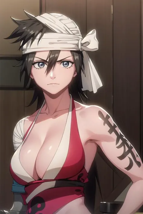 kukakushiba, <lora:kukakushiba-lora-nochekaiser:1>, 
kukaku shiba, long hair, black hair, (grey eyes:1.5), bandages,
BREAK amputee, ankle wrap, cleavage, japanese clothes, sarong, tattoo,
BREAK indoors,
BREAK looking at viewer, (cowboy shot:1.5),
BREAK <lyco:GoodHands-beta2:1>, (masterpiece:1.2), best quality, high resolution, unity 8k wallpaper, (illustration:0.8), (beautiful detailed eyes:1.6), extremely detailed face, perfect lighting, extremely detailed CG, (perfect hands, perfect anatomy),