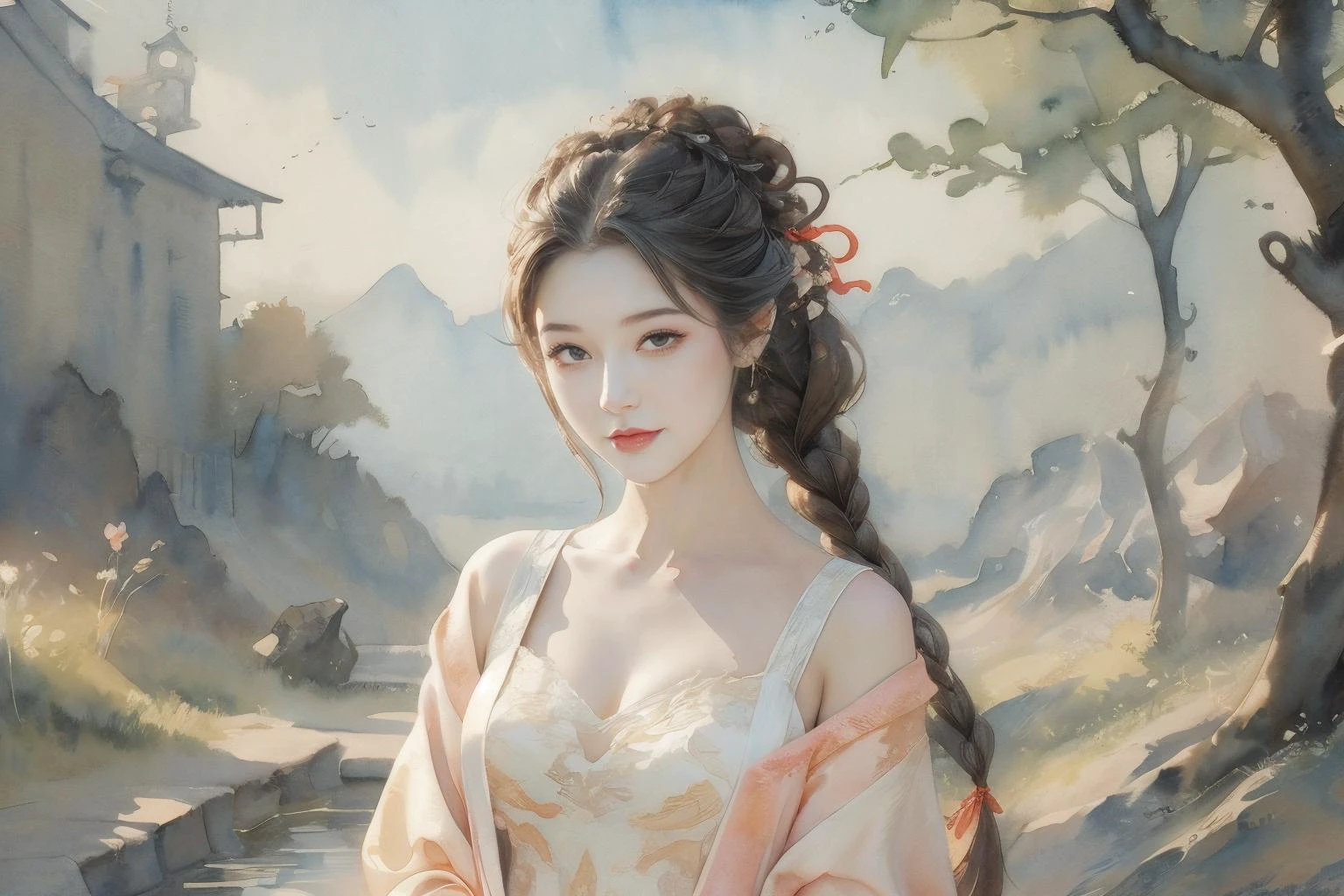 1girl,tullece,silk dress,hair bun,hair stick,ribbon braid,flower field,peach blossom,multiple braids,elegant,peach tree,on grass,head tilt,light smile,(upper body:1.1),<lora:Maper:1>,<lora:anxiang:0.65>,<lora:zhongfenghuaStyle_v10:0.4>,<lora:lit:0.3>,<lora:add_detail:0.7>,side,illustration,moody lighting,illustration,((wash painting)),((ink s..., (((ink))), ((watercolor)),,