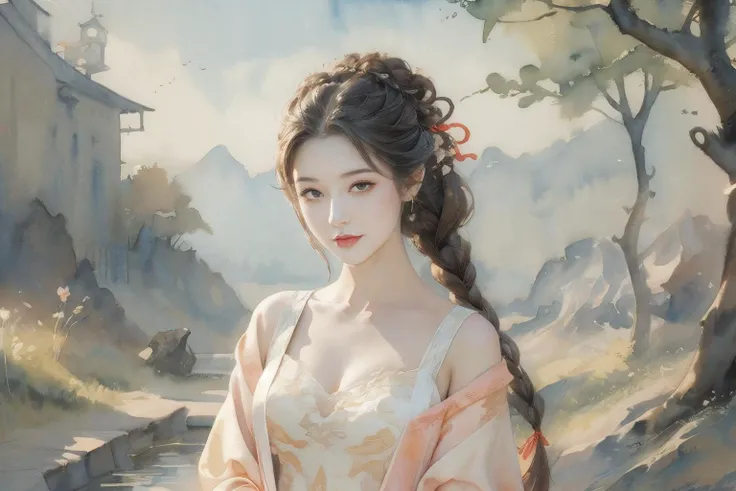 1girl,tullece,silk dress,hair bun,hair stick,ribbon braid,flower field,peach blossom,multiple braids,elegant,peach tree,on grass,head tilt,light smile,(upper body:1.1),<lora:Maper:1>,<lora:anxiang:0.65>,<lora:zhongfenghuaStyle_v10:0.4>,<lora:lit:0.3>,<lora:add_detail:0.7>,side,illustration,moody lighting,illustration,((wash painting)),((ink s..., (((ink))), ((watercolor)),,