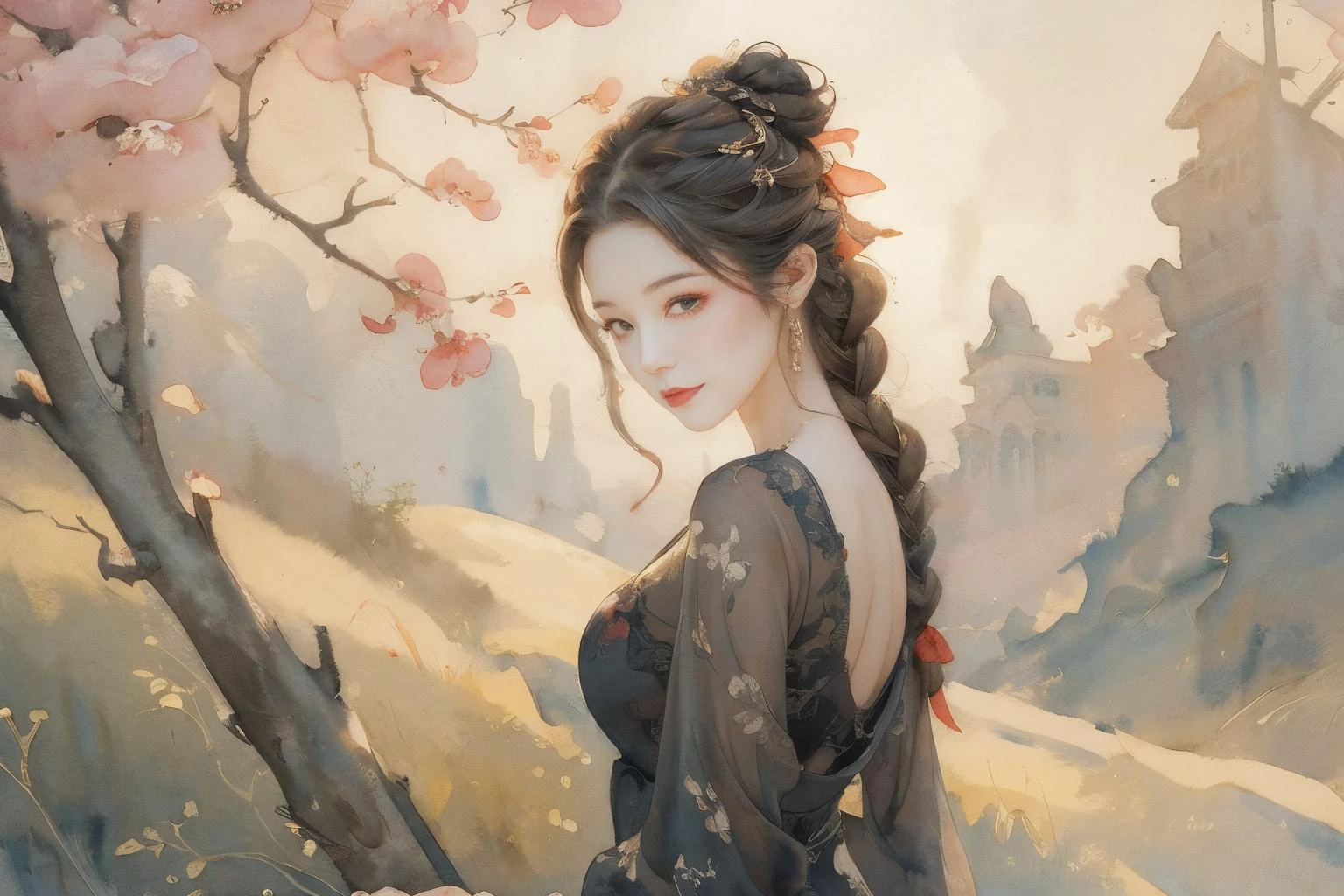 1girl,tullece,silk dress,hair bun,hair stick,ribbon braid,flower field,peach blossom,multiple braids,elegant,peach tree,on grass,head tilt,light smile,(upper body:1.1),<lora:Maper:1>,<lora:anxiang:0.65>,<lora:zhongfenghuaStyle_v10:0.4>,<lora:lit:0.3>,<lora:add_detail:0.5>,side,illustration,moody lighting,illustration,((wash painting)),((ink s..., (((ink))), ((watercolor)),,