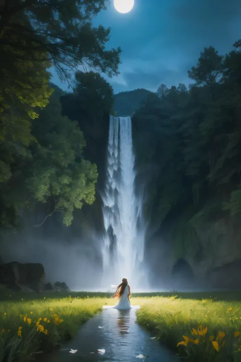 
"Create a hyper-realistic, cinematic scene of a majestic waterfall cascading down a rugged, moss-covered cliff into a pristine, crystal-clear pool below. The scene is viewed from behind the young girl, who is facing the waterfall and playing joyfully in the shallow water at the edge of the pool. The waterfall is powerful, with water tumbling over jagged rocks, creating a fine mist that glows in the golden hour light, bathing the entire scene in a warm, ethereal glow.

The young girl, about eight years old, is seen from behind, with her long, dark hair cascading down her back, slightly damp from the mist. She wears a simple, white summer dress with a delicate floral pattern that flutters gently as she splashes the water with her feet. The dress is slightly wet at the hem, and her posture is playful and carefree as she enjoys the moment.

Around her, smooth, round stones of various sizes lie scattered along the shore, some partially submerged. The stones and vibrant wildflowers among them are captured with exquisite detail, adding rich texture and color to the scene. The lush, dense forest surrounds the area, with tall trees and beams of sunlight filtering through the canopy, creating dramatic shadows and highlights. The background is depicted with cinematic depth of field, focusing on the girl and the waterfall while gently blurring the distant forest.