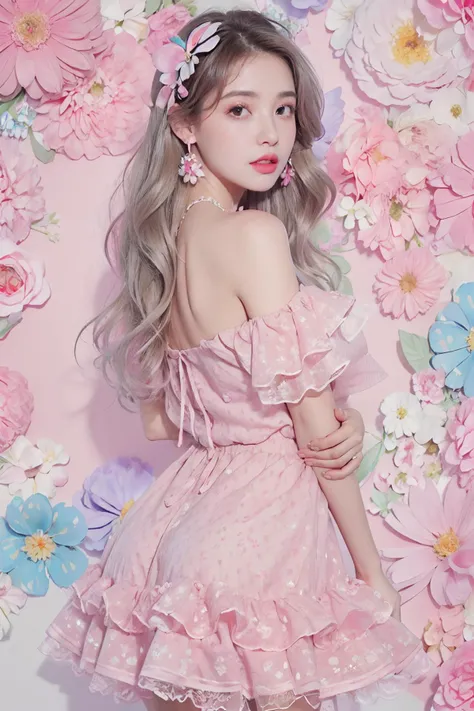 1girl,solo,jewelry,long hair,necklace,earrings,looking at viewer,cowboy shot,off shoulder,wavy hair,bare shoulders,grey eyes,lips,parted lips,skirt,frills,(pink dress:1.3),colorful balloons,winnie the pooh,(hands behind the back:1.3),(flower background:1.5),