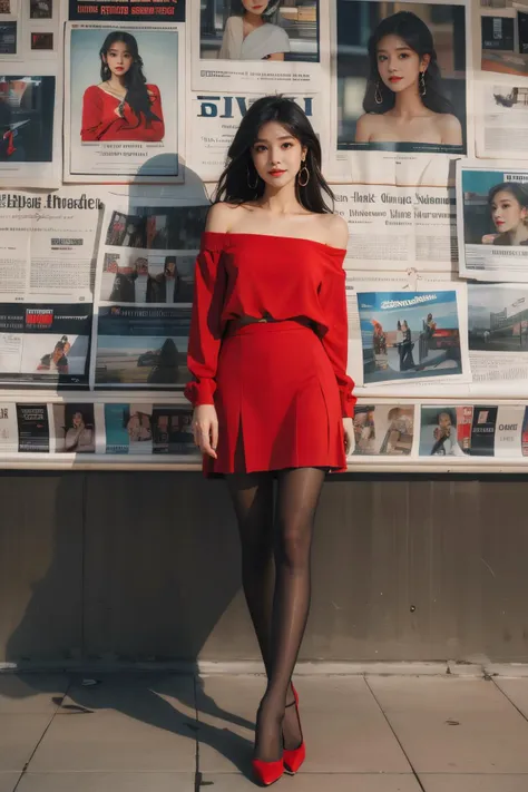 1girl,solo,skirt,high heels,red shirt,full body,white shirt,standing,pantyhose,jewelry,earrings,looking at viewer,realistic,portrait,hoop earrings,black hair,long hair,<lora:Maper:1>,off-shoulder,reveal both shoulders,clavicle,(background of the front newspaper wall:1.3),<lora:Newspaper:0.7>,newspaper background,