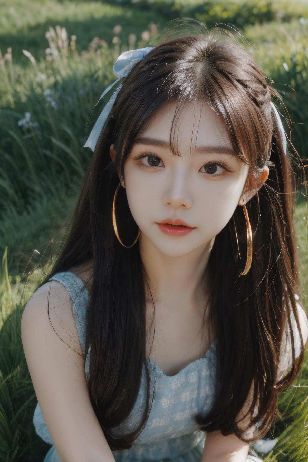 1girl,watching the audience while crouching in the bushes,full body,wind,messy hair,(aesthetics and atmosphere:1.2),long hair,platinumblonde sunmer dress,shallow depth of field,wavy hair,hoop earrings,hair ribbon,thin straps,<lora:Mapers-v3:0.8>,<lora:lit:0.2>,sun,castle,colorful flowers,grass,(look downwards:1.5),<lora:add_detail:0.5>,butterfly,ferris wheel,illustration,film grains,(very deep grass:1.5),