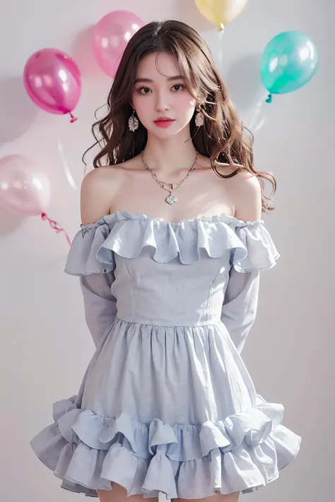 1girl,solo,jewelry,long hair,necklace,earrings,simple background,looking at viewer,cowboy shot,off shoulder,__yanse__ dress,wavy hair,bare shoulders,grey eyes,lips,parted lips,skirt,frills,(__yanse__ dress:1.3),colorful balloons,winnie the pooh,(hands behind the back:1.5),