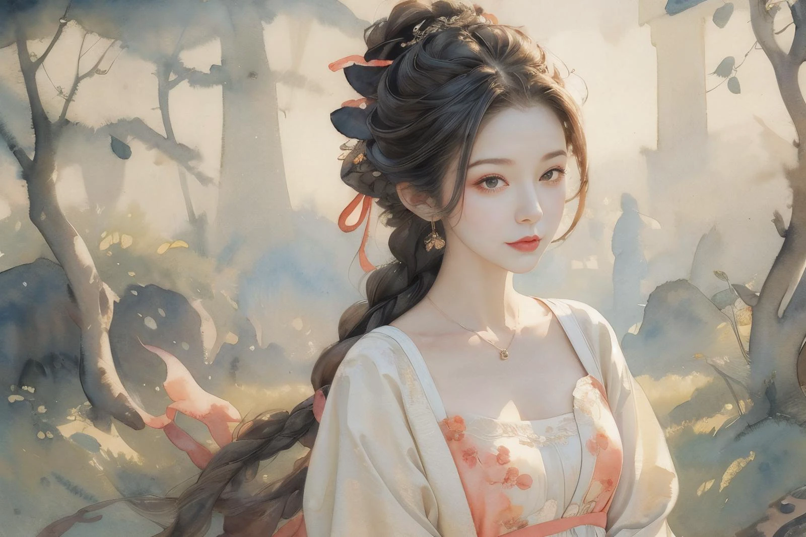 1girl,tullece,silk dress,hair bun,hair stick,ribbon braid,flower field,peach blossom,multiple braids,elegant,peach tree,on grass,head tilt,light smile,(upper body:1.1),<lora:Maper:1>,<lora:anxiang:0.65>,<lora:zhongfenghuaStyle_v10:0.4>,<lora:lit:0.3>,<lora:add_detail:0.7>,side,illustration,moody lighting,illustration,((wash painting)),((ink s..., (((ink))), ((watercolor)),,