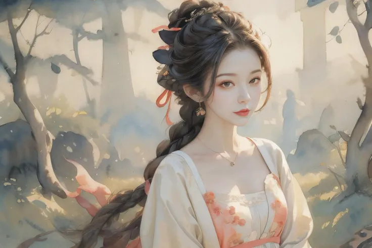 1girl,tullece,silk dress,hair bun,hair stick,ribbon braid,flower field,peach blossom,multiple braids,elegant,peach tree,on grass,head tilt,light smile,(upper body:1.1),<lora:Maper:1>,<lora:anxiang:0.65>,<lora:zhongfenghuaStyle_v10:0.4>,<lora:lit:0.3>,<lora:add_detail:0.7>,side,illustration,moody lighting,illustration,((wash painting)),((ink s..., (((ink))), ((watercolor)),,