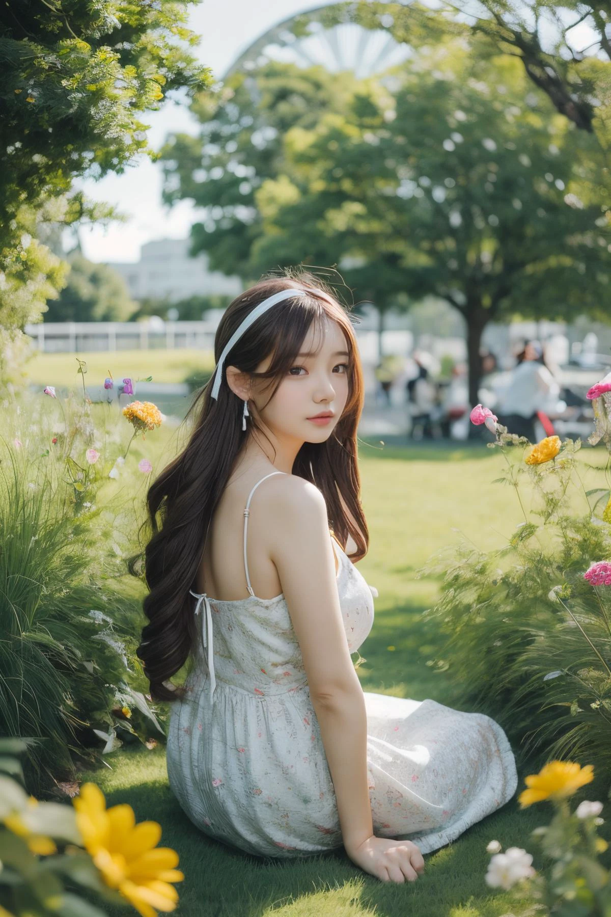 1girl,watching the audience while crouching in the bushes,full body,wind,messy hair,(aesthetics and atmosphere:1.2),long hair,platinumbrown sunmer dress,shallow depth of field,wavy hair,hoop earrings,hair ribbon,thin straps,<lora:lit:0.2>,sun,castle,colorful flowers,grass,(look downwards:1.5),<lora:add_detail:0.3>,butterfly,ferris wheel,illustration,film grains, <lora:Maper:1>