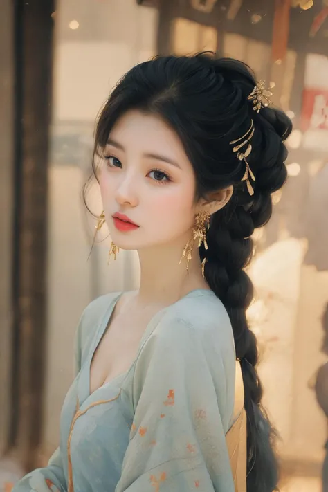 <lora:Maper:1>,<lora:anxiang:1>,
1girl,jewelry,solo,earrings,long hair,black hair,breasts,hair ornament,necklace,looking at viewer,flower,upper body,long sleeves,chinese clothes,hand on own chest,lips,dress,realistic,medium breasts,braid,black eyes,hanfu,