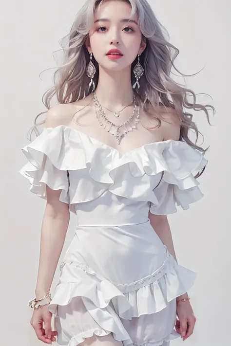 1girl,solo,jewelry,long hair,necklace,earrings,simple background,looking at viewer,cowboy shot,off shoulder,dress,white background,wavy hair,bare shoulders,grey eyes,lips,parted lips,skirt,frills,__yanse__ dress,