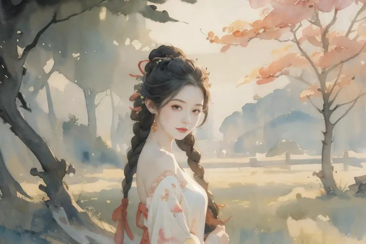 1girl,tullece,silk dress,hair bun,hair stick,ribbon braid,flower field,peach blossom,multiple braids,elegant,peach tree,on grass,head tilt,light smile,(upper body:1.1),<lora:Maper:1>,<lora:anxiang:0.65>,<lora:zhongfenghuaStyle_v10:0.4>,<lora:lit:0.3>,side,illustration, moody  lighting, illustration, ((wash  painting)),((ink  s..., (((ink))),  ((watercolor))