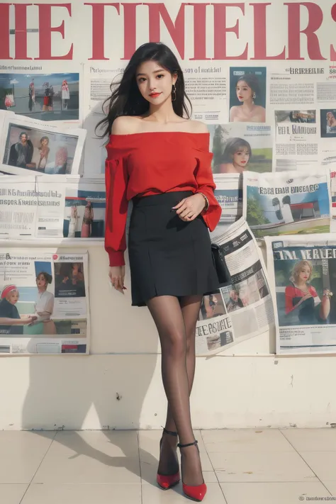 1girl,solo,skirt,high heels,red shirt,full body,white shirt,standing,pantyhose,jewelry,earrings,looking at viewer,realistic,portrait,hoop earrings,black hair,long hair,<lora:Maper:1>,off-shoulder,reveal both shoulders,clavicle,(background of the front newspaper wall:1.3),<lora:Newspaper:0.7>,newspaper background,