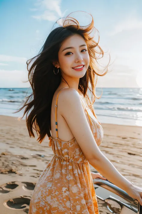 1girl,(fisheye:1.1),sea,wind,messy hair,sunset,beach,(aesthetics and atmosphere:1.2),long hair,orange sunmer dress,light smile,happy,<lora:FujiVelvia50:1>,<lora:lit:0.2>,shallow depth of field,wavy hair,hoop earrings,hair ribbon,large breasts,thin straps,<lora:Maper:1>,dimples,