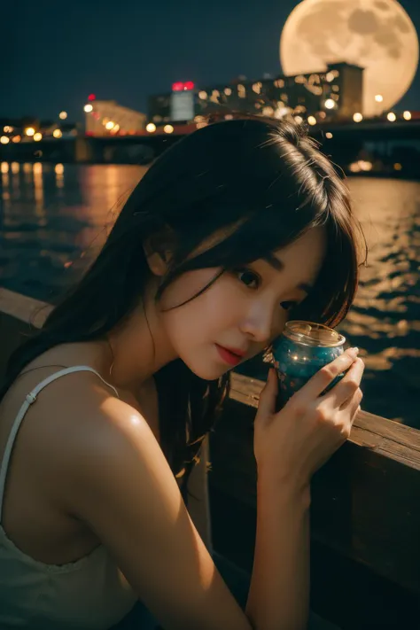 On the night of Tanabata,a woman looks at the bright moon,soon to see her beloved man,her heart is full of mixed feelings. The moonlight caressed her gentle face,and starlight dotted the dark sky. The bridge formed by a flock of magpies looms in the darkness,emitting a subtle glow. The contrast between light and shadow creates a romantic atmosphere. Masterpiece,super detailed,best quality,close up! <lora:Maper:1>,full body,