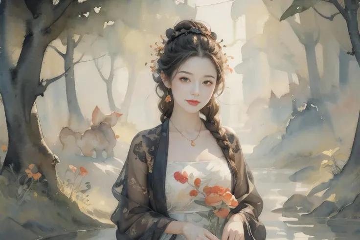 1girl,tullece,silk dress,hair bun,hair stick,ribbon braid,flower field,peach blossom,multiple braids,elegant,peach tree,on grass,head tilt,light smile,(upper body:1.1),<lora:Maper:1>,<lora:anxiang:0.65>,<lora:zhongfenghuaStyle_v10:0.4>,<lora:lit:0.3>,<lora:add_detail:0.7>,side,illustration,moody lighting,illustration,((wash painting)),((ink s..., (((ink))), ((watercolor)),,
