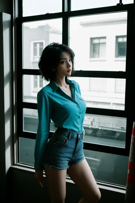 a beautiful woman standing next to windows, dramatic lighting, Red button-up shirt with denim shorts, black and red color, in the style of punk rock, fashion photography, , <lora:Maper:0.8>, <lora:saturation:-0.3>