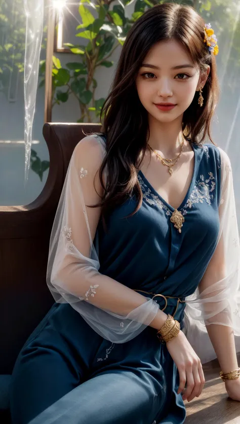 masterpiece, official art, unity 8k wallpaper, ultra detailed, beautiful and aesthetic, best quality, intricate details,
real world,(hyperrealism:1.1),(scales of extreme detail:1.3),best quality, dingdall effect,1girl,fog,(sunlight exposure:1.3),(sunlight through the hair:1.3),long hair,(close-up:1.2),(look looking at viewer:1.3),(colorful glass:1.2),smile,
posture model,(cowboy shot:1), (LingxiaoPalace:1),sitting,outdoors,
(stochastic angle, stochastic pose,stochastic action),charming, alluring, seductive, erotic, enchanting,
luxury, jewelry, ornate, necklace, bracelet, hairpin,embroidery,(shiny see-through Yellow blouse, navy blue culottes:1),
embedding:OverallDetail,