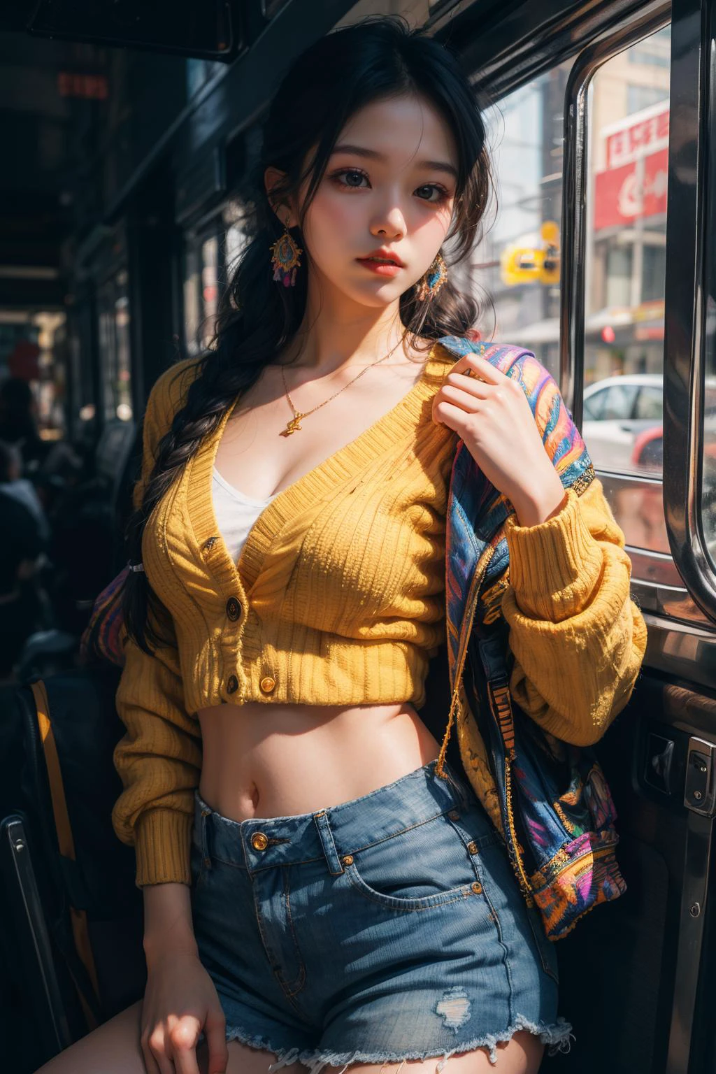 (masterpiece:1.4, best quality), (intricate details), ((nude:0.75)), ink strokes, unity 8k wallpaper, ultra detailed, a South Korean girl, Resilience, A yellow cardigan and blue jean shorts, dutch braid, Glossy black lip for a bold statement, (Vibrant), (Peter Max:1.4), <lora:more_details:0.35>,(effect lighting), <lora:msw_v10:0.7> <lora:difConsistency_photo:0.55>, <lora:Maper:1:PALETTE>