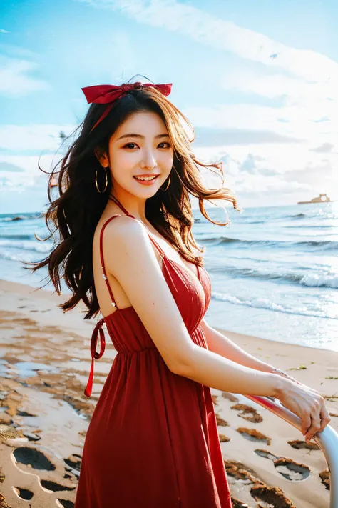 1girl,(fisheye:1.1),sea,wind,messy hair,sunset,beach,(aesthetics and atmosphere:1.2),long hair,red sunmer dress,light smile,happy,<lora:FujiVelvia50:1>,<lora:lit:0.2>,shallow depth of field,wavy hair,hoop earrings,hair ribbon,large breasts,thin straps,<lora:Maper:1>,dimples,