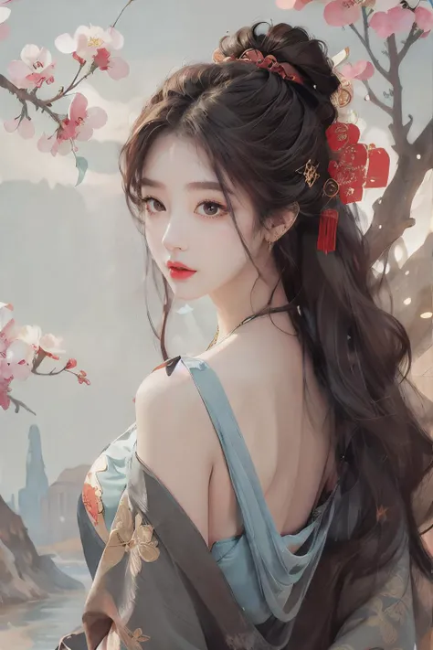 1girl,long hair,solo,colorful dress,hair ornament,jewelry,colorful flower,hair flower,(longANDred chinese dress:1.5),hanfu,holding,breasts,puffy sleeves,brown hair,looking at viewer,black hair,lips,brown eyes,shoulder cutout,wavy hair,parted lips,first,paint the background with vibrant colors,<lora:chen-000004:0.7>,(colorful flower background:1.5),colorful and beautiful,waistband,<lora:anxiang:0.7>,watercolor painting,