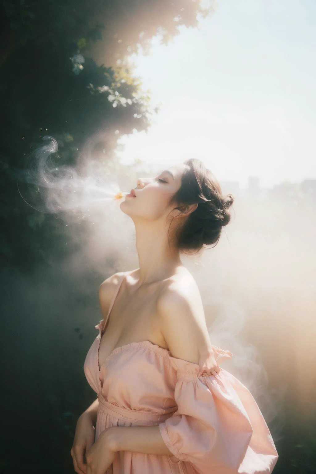 1girl,solo,dress,long hair,(breasts:1.3),bare shoulders,full body,cleavage,half updo,medium breasts,realistic,pink dress,smoky,colorful smoke background,the beam of light shines on the face,<lora:Maper:0.8>,<lora:lit:0.1>,<lora:æ³å
:0.5>,<lora:add_detail:0.3>,<lora:æ²¹ç»è´¨æV2:0.1>,<lora:senÂÂ:0.2>,depth of field,<lora:InstantPhotoX3:0.5>,<lora:FujiVelvia50:0.3>,looking_up,upshirt,upshorts,from_below,