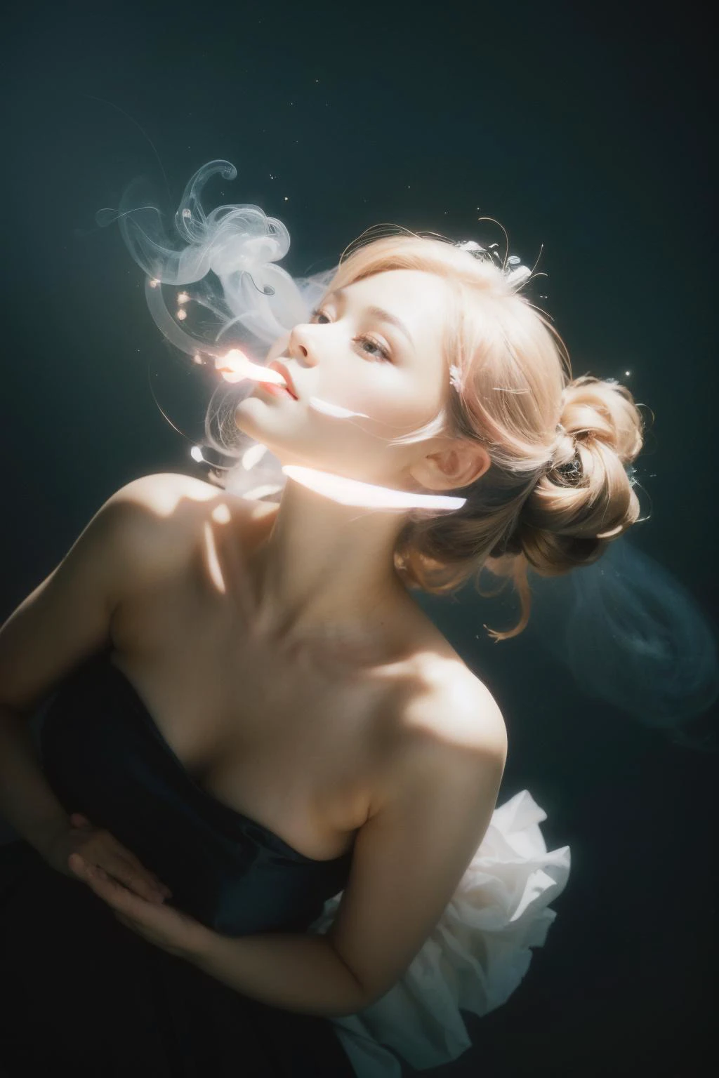 1girl,solo,dress,long hair,(breasts:1.3),bare shoulders,full body,cleavage,half updo,medium breasts,realistic,pink dress,smoky,colorful smoke background,the beam of light shines on the face,<lora:Maper:0.8>,<lora:lit:0.1>,<lora:æ³å
:0.5>,<lora:add_detail:0.3>,<lora:æ²¹ç»è´¨æV2:0.1>,<lora:senÂÂ:0.2>,depth of field,<lora:InstantPhotoX3:0.5>,<lora:FujiVelvia50:0.3>,looking_up,upshirt,upshorts,from_below,dynamic_angle,cinematic_angle,