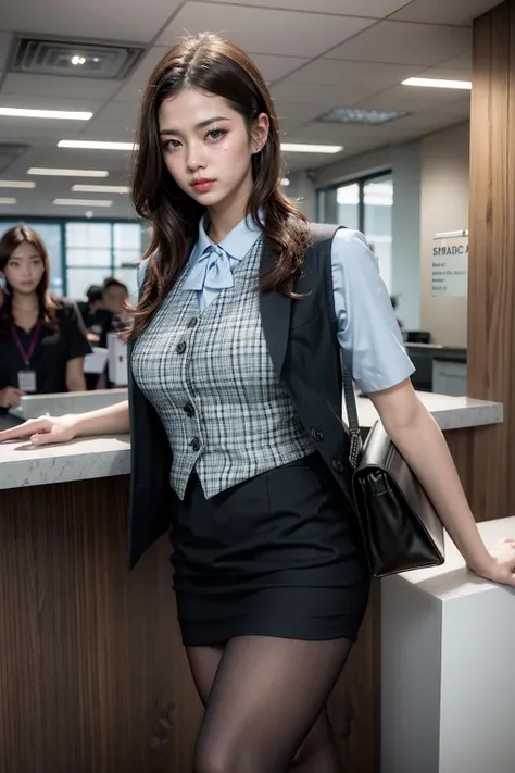 (realistic:1.3), finely detailed, quality, rembrandt lighting, (masterpiece:1.2), (photorealistic:1.2), (best quality), (detailed skin:1.3), (intricate details), dramatic, ray tracing, 1girl, japanese girl, 21 years old, detailed skin texture, (blush:0.5), (goosebumps:0.5), subsurface scattering, smiling, medium breasts, short hair curls, bangs, hair between eyes, office uniform, office vest, micro mini skirt, standing behind reception counter, (office reception counter, office name signage:1.2), <lora:office uniform:0.8>
