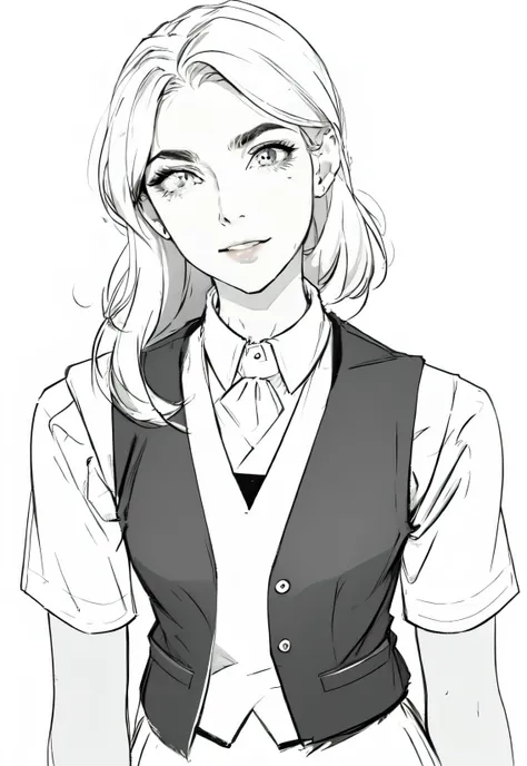 <lora:badgirl-test-lora-wdvae:0.9> , line art, monochrome, greyscale, sketch, <lora:animeoutlineV4_16:1> , <lora:white:0.1>, 1girl, solo, black uniform, <lora:office uniform:0.9> , office uniform, black office vest, white shirt, white background, standing