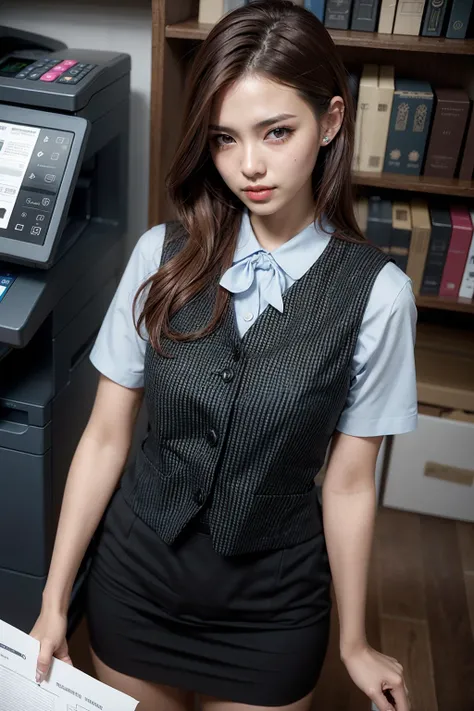 (realistic:1.3), finely detailed, quality, rembrandt lighting, (masterpiece:1.2), (photorealistic:1.2), (best quality), (detailed skin:1.3), (intricate details), dramatic, ray tracing, 1girl, japanese girl, 21 years old, detailed skin texture, (blush:0.5), (goosebumps:0.5), subsurface scattering, smiling, medium breasts, short hair curls, bangs, hair between eyes, office uniform, office vest, micro mini skirt, (carrying stack of paper:1.3), cowboy shot, (office, photocopier, filing shelves, files), <lora:office uniform:0.8>