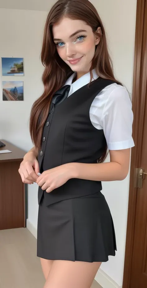 (8k, RAW photo, best quality, masterpiece:1.2), (realistic, photo-realistic:1.37), ultra-detailed,(detailed beautiful girl:1.4),1 girl,full body<lora:office uniform:0.8>office uniform,office vest,office,micro mini skirt,((black uniform)),long hair,smile,looking at viewer <lora:van1llal1nds:0.4>van1llal1nds