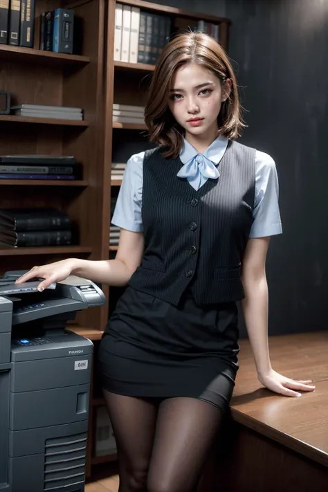 (realistic:1.3), finely detailed, quality, rembrandt lighting, (masterpiece:1.2), (photorealistic:1.2), (best quality), (detailed skin:1.3), (intricate details), dramatic, ray tracing, 1girl, japanese girl, 21 years old, detailed skin texture, (blush:0.5), (goosebumps:0.5), subsurface scattering, smiling, medium breasts, short hair curls, bangs, hair between eyes, office uniform, office vest, micro mini skirt, carrying stack of files, (office, photocopier, filing shelves, files), <lora:office uniform:0.8>
