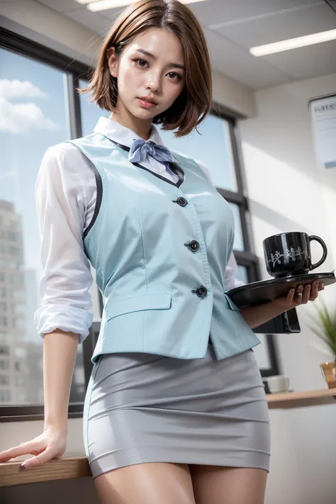 (realistic:1.3), finely detailed, quality, rembrandt lighting, (masterpiece:1.2), (photorealistic:1.2), (best quality), (detailed skin:1.3), (intricate details), dramatic, ray tracing, 1girl, japanese girl, 21 years old, detailed skin texture, (blush:0.5), (goosebumps:0.5), subsurface scattering, smiling, medium breasts, short hair curls, bangs, hair between eyes, office uniform, office vest, micro mini skirt, (holding tray of coffee mugs:1.3), cowboy shot, (meeting room, presentation slides, wall screen), <lora:office uniform:0.8>