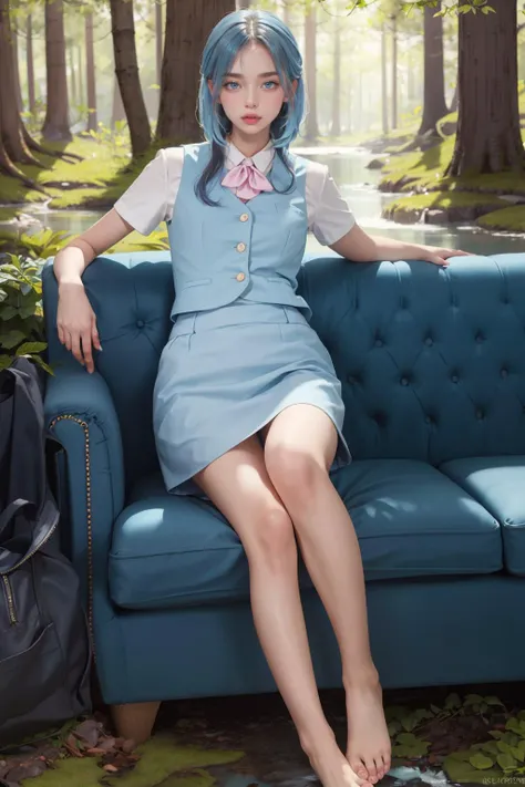 ((masterpiece)), (best quality), official art, extremely detailed CG, unity 8k wallpaper, ultra detailed, highly detailed, detailed background, vivid color, photorealistic, perfect lighting, best illumination,
(forest:1.5), (stream:1.3),
1girl, small breasts, blue hair, long hair, blue eyes,
sexy office lady, office uniform, office vest, micro skirt, (pastel blue uniform:1.5), (barefoot:1.4),
<lora:office uniform:0.7>