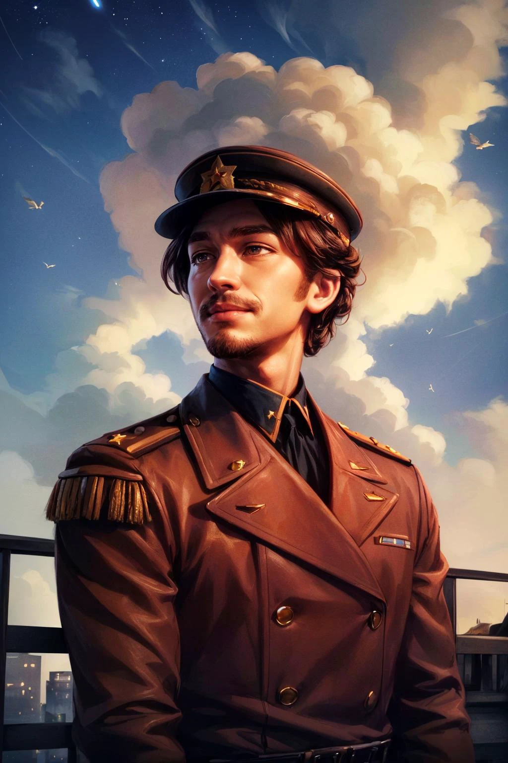 best quality, masterpiece, <lora:add_detail:1>
(1man, masculine adult ukrainian male:1.2), brown eyes, dark red hair, straight hair,
(character focus:1.1), portrait, solo, upper body, detailed background, detailed face, (<lora:SovietPunkAIv2:0.6>, sovietpunkai, soviet communist theme:1.1), aristocratic pose, smiling, ruling class, elegant clothing, elegant hat, looking up at floating (cloud city:1.1), cloudtop sky-city, floating platforms, floating buildings, tower, balcony, railing, ziplines, clouds in background, birds in background, wind blowing, cinematic atmosphere, glowing dark blue lights, dark starry night,
<lora:_rL2170:0.4>,