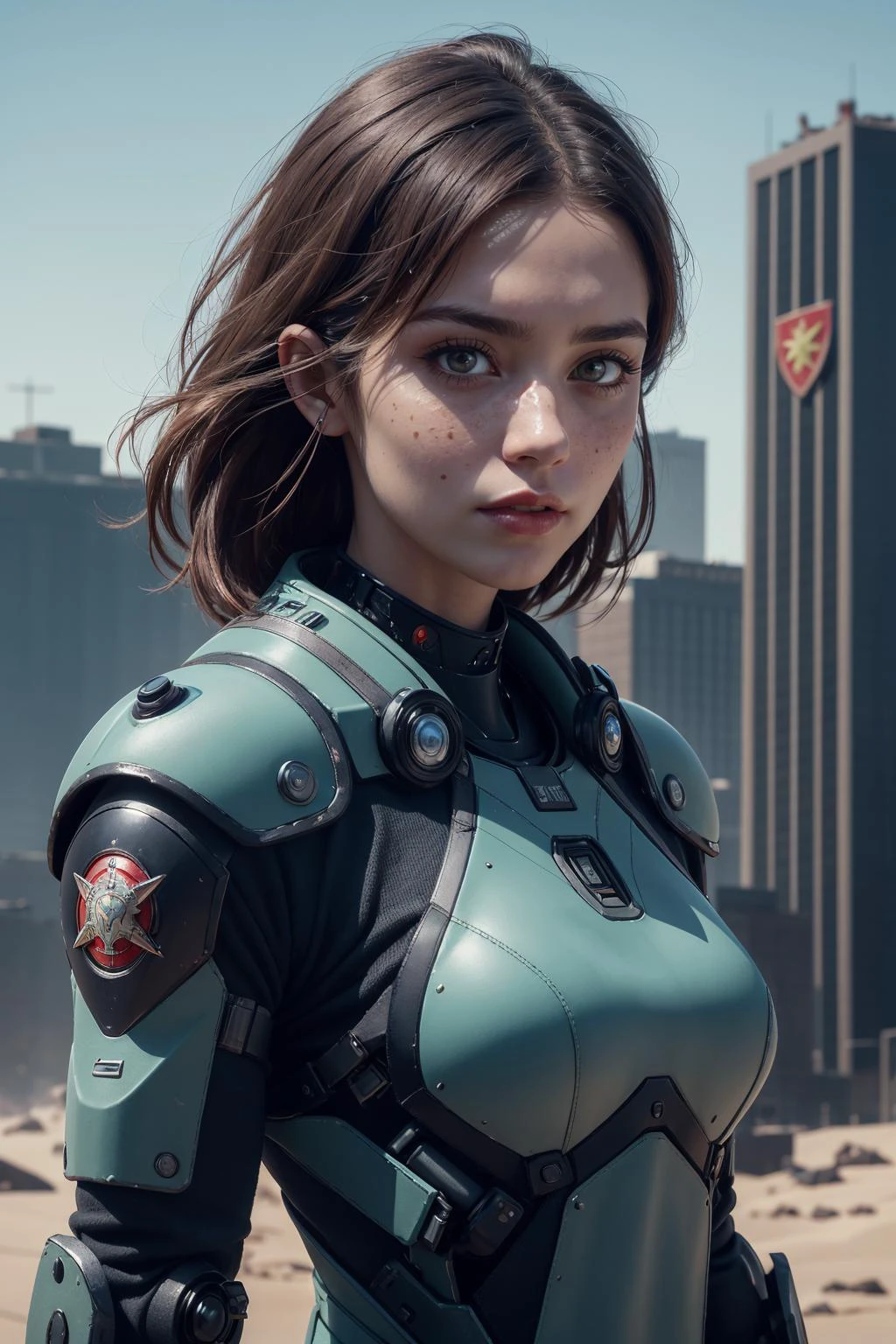 8k uhd, (best quality:1.2), (masterpiece:1.2), very detailed, intricate details, hyper detailed, <lora:realistic:0.3>, <lora:sharpen-soften:-0.25>,
1 girl, adult spanish woman, freckles, jade eyes, auburn razor cut hair,
style-rustmagic, portrait, solo, (full body:0.6), looking at viewer, detailed background, detailed face, (<lora:SovietPunkAIv2:0.6>, sovietpunkai, soviet communist theme:1.1), cyberpunk trooper, mercenary, wearing dark blue battle-gear, wounds, head-up display, wrist-mounted weapon, nanotechnology, emblem, serious face, bionic eye, cybernetic implants, desert in background, storm, cinematic atmosphere,