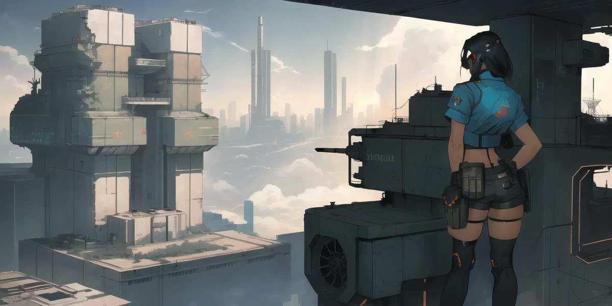 best quality, masterpiece, realistic 3d, photographer, 1girl, solo, <lora:Aile_MegaMan_ZX:0.6>, aile_megamanzx, legwear under shorts, spandex, from back, standing on top, city, building, (cyberpunk:1.2), looking forward, depth of field, cars, airplane, aircraft, back, midriff focus, <lora:SovietPunkAIv2:0.2>, sovietpunkai airplane, sovietpunkai power plant, sovietpunkai building, machinegun, scenery, bankers, pillbox, Aerial fortress, iron forest, sunlight,