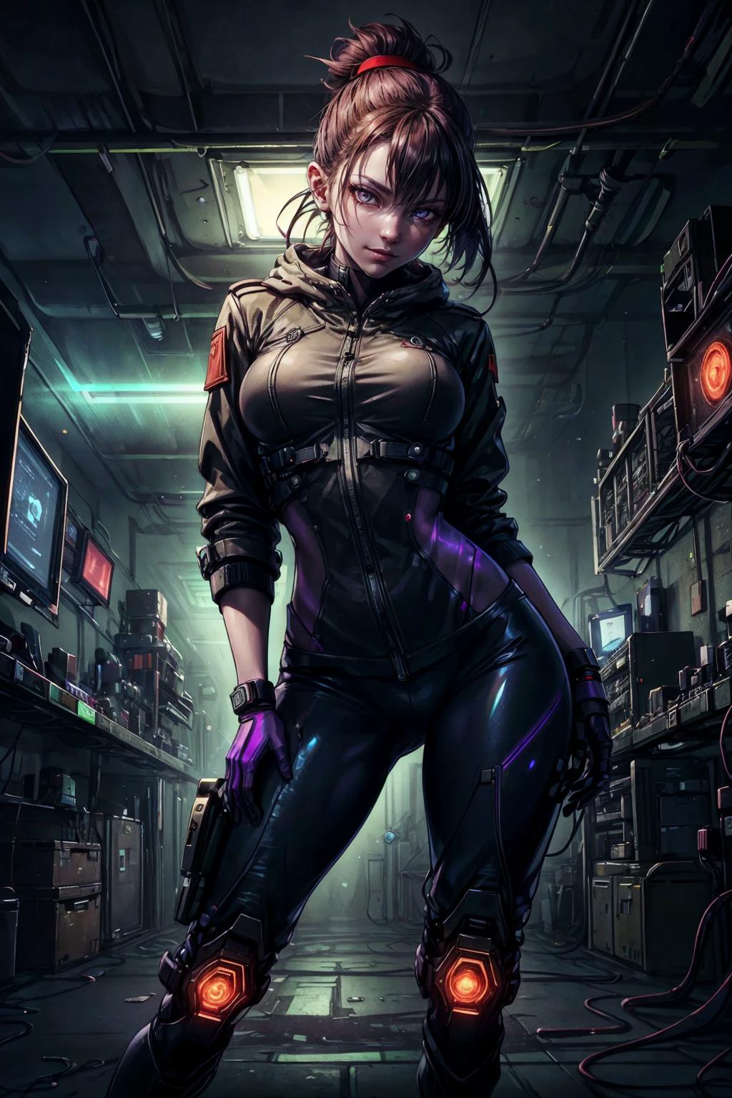 (best quality, masterpiece:1.2), photorealistic, thick outlines, strong shadows, <lora:add_detail:0.75>,
1 girl, adult (elven:0.7) woman, purple eyes, dark red ponytail,
looking at viewer, solo, (full body:0.6), detailed background, detailed face, (<lora:SovietPunkAIv2:0.6>, sovietpunkai, soviet theme:1.1) high-tech futuristic hacker, smirk, advanced technology, coat, techwear, head-up display, (holographic display:1.05), access granted, encrypted symbols, password, server room in background, orange lights, dark sinister atmosphere,