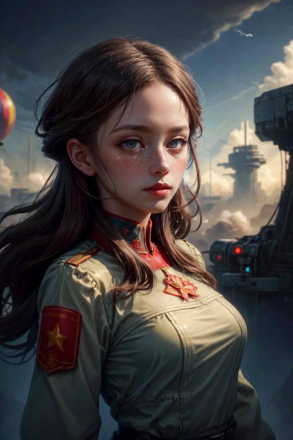 (masterpiece, best quality:1.4), (beautiful, aesthetic, perfect, delicate, intricate:1.2), <lora:more_details:0.75>, <lora:sharpen-soften:-0.25>, <lora:realistic:0.25>,
1 girl, adult (elven:0.7) woman, freckles, hazel eyes, brown fringe hair,
Style-GravityMagic, (focus on character:1.1), portrait, solo, (full body:0.6), detailed background, detailed face, (<lora:SovietPunkAIv2:0.6>, sovietpunkai, soviet communist theme:1.1), aristocratic pose, ruling class, elegant clothing, looking over floating (cloud city:1.1), utopian cloudtop sky-city, floating platforms, floating buildings, clouds in background, balloon in background, cinematic atmosphere,