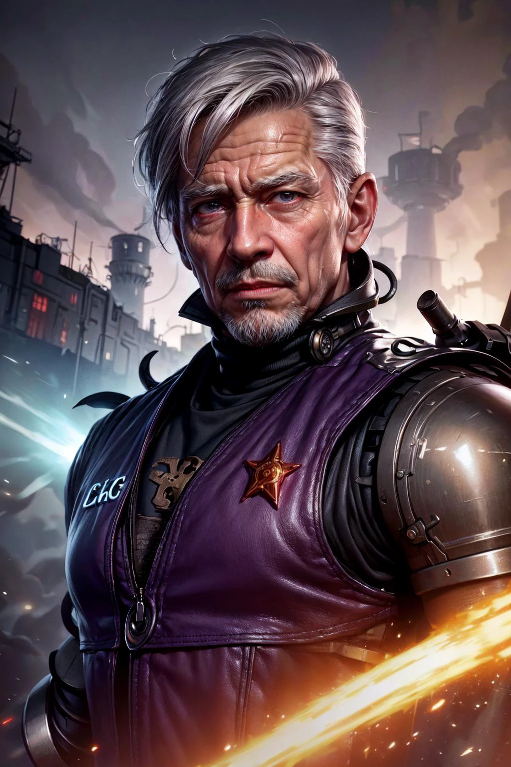 ultra detailed 8k cg, animated,
<lora:add_detail:1> <lora:grullborgCopycat_grullborgStyleR8V4:0.3>,
(1man, wrinkled face, old male:1.2), frail, purple eyes, white hair, straight hair,
(style-swirlmagic:0.9), (steampunk cyborg:0.8), portrait, (bloody wounds:0.7), looking at viewer, solo, upper body, detailed background, (<lora:SovietPunkAIv2:0.6>, sovietpunkai, soviet theme:1.1) crazed smile, dynamic pose, dark clouds engineer, floating lights, dark purple leather vest with gears, techwear, watch, steampunk castle in background, machines, steam, engineering, grime, automaton, lightning epic atmosphere,