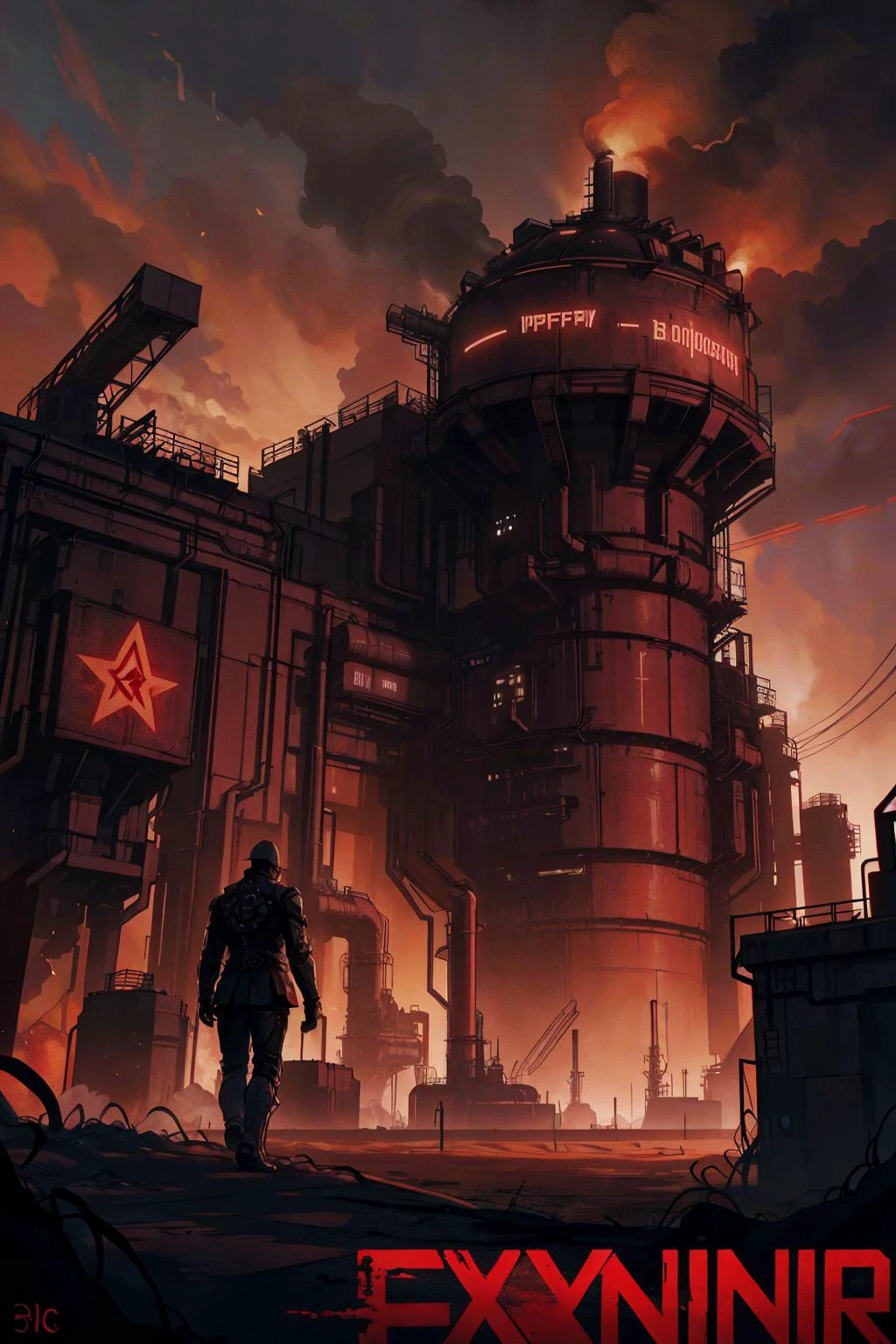 beautiful, linework, thick outlines, strong shadows, <lora:detail_slider_v4:1.0>,
(movie poster:1.1), epic atmosphere,
<lora:GoodHands-vanilla:0.8>,
silhouette of 1 man, adult male, looking up,
steampunk soviet army engineer, techwear, pouches, steampunk aesthetics, gears, engine, steam, 19th century, detailed background, refinery in background, red color scheme, syndicalism, red star,
<lora:SovietPunkAIv2:0.6>, sovietpunkai, soviet