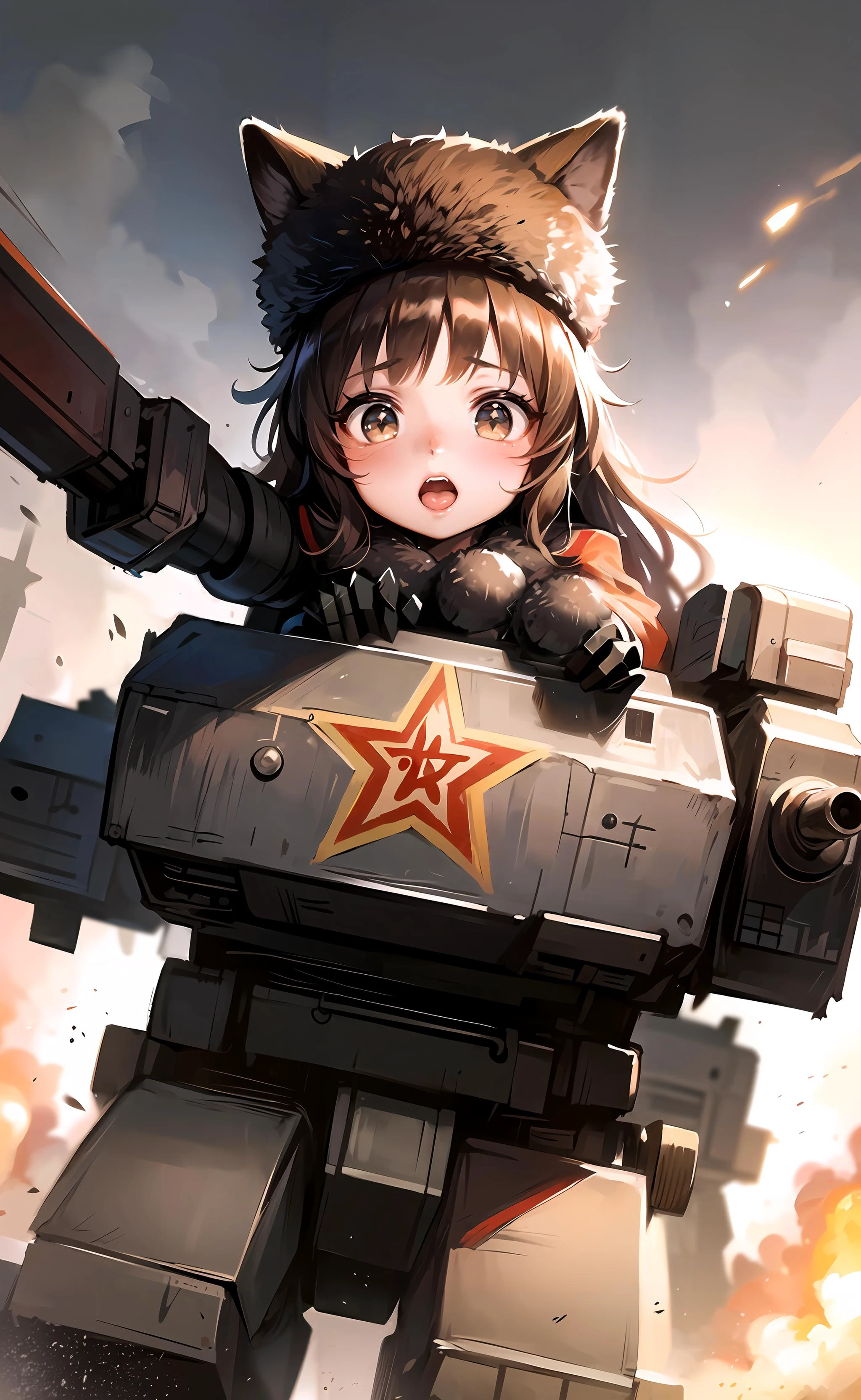 Anime Style, Manga Style, Hand drawn, <lora:SovietPunkAIv2:0.6> big depth of field, (riding mecha:1.21), planes,explosions, battle, (soviet ushanka:1.2), soviet star, (soviet flag:1.2), vibrant, highly detailed, Sharp focus, Masterpiece, Vivid colors, Simplified style,