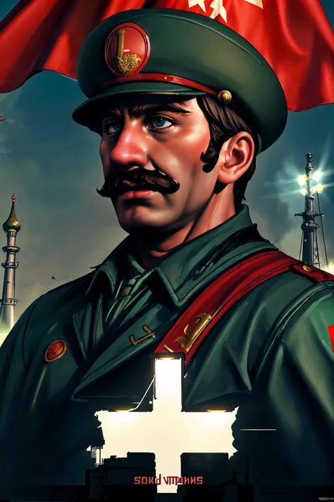 cinematic film still, Portrait shot of Luigi, <lora:Luigi:0.9> short hair, luigi hat, (green theme),
soviet coat of arms, wearing white soviet military tunic, soviet russian moscow city, kremlin,
extreme low angle, (soviet flag:1.21), (masterpiece) (best quality) (detailed) (8k) (cinematic lighting) (sharp focus) (intricate)
<lora:SovietPunkAIv2:0.6> sovietpunkai