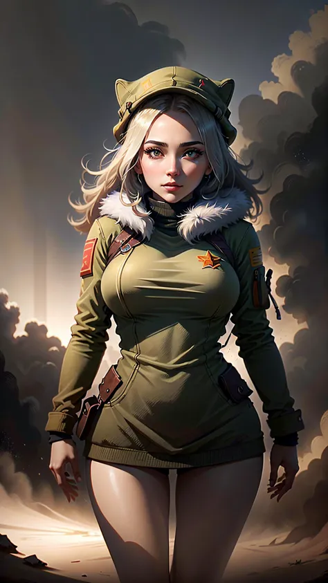 ((Best quality)), ((masterpiece)), (highly detailed:1.3), 3D,beautiful Soviet Bond girl, ushanka, fur coat,HDR (High Dynamic Range),Ray Tracing,NVIDIA RTX,Super-Resolution,Unreal 5,Subsurface scattering,PBR Texturing,Post-processing,Anisotropic Filtering,Depth-of-field,Maximum clarity and sharpness,Multi-layered textures,Albedo and Specular maps,Surface shading,Accurate simulation of light-material interaction,Perfect proportions,Octane Render,Two-tone lighting,Low ISO,White balance,Rule of thirds,Wide aperature,8K RAW,Efficient Sub-Pixel,sub-pixel convolution,luminescent particles,light scattering,Tyndall effect, <lora:SovietPunkAIv2:0.9>