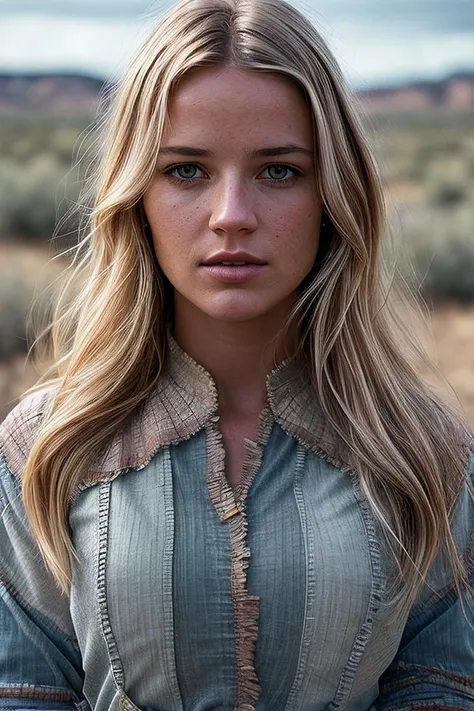 beautiful woman (EPD4fn3Sch1pp3rs:.99), blonde hair, jewelry, ((portrait)), (closeup:1.2), ((from the waist up)), (((  beautiful scenery, scrubland :1.2 ))), natural skin texture,  ((  Patchwork blouse and jeans :1.2)), 24mm, 4k textures, soft cinematic light, adobe lightroom, photolab, hdr, intricate, elegant, highly detailed, sharp focus, ((((cinematic look)))), soothing tones, insane details, intricate details, hyperdetailed, low contrast, soft cinematic light, exposure blend, hdr, faded, now, ("I've got a bad feeling about this.":1.1)