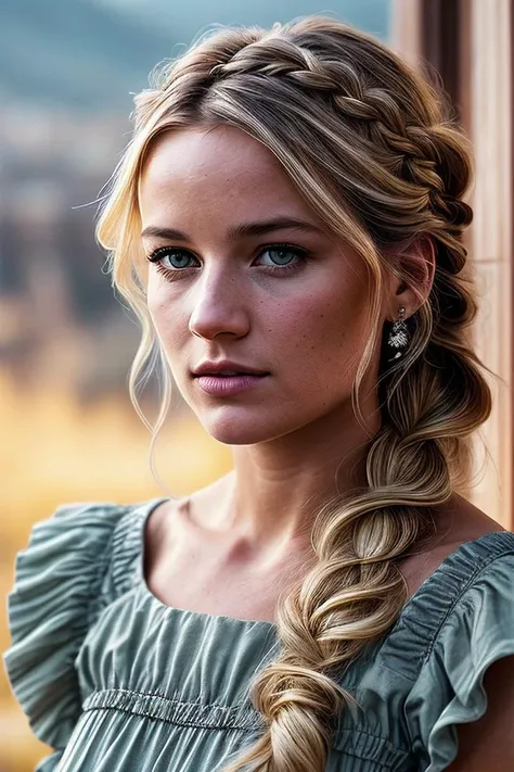beautiful woman (EPD4fn3Sch1pp3rs:.99), blonde hair, Long Crown Braid Hairstyle , ((portrait)), (closeup:1.2), ((from the waist up)), (((  beautiful scenery, temple :1.2 ))), natural skin texture,  ((  Ruffle hem dress :1.2)), 24mm, 4k textures, soft cinematic light, adobe lightroom, photolab, hdr, intricate, elegant, highly detailed, sharp focus, ((((cinematic look)))), soothing tones, insane details, intricate details, hyperdetailed, low contrast, soft cinematic light, exposure blend, hdr, faded, now, ("I've got a bad feeling about this.":1.1)