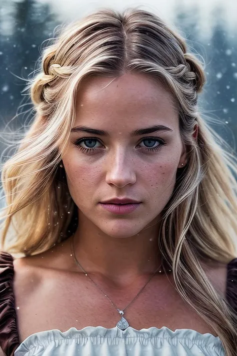 beautiful woman (EPD4fn3Sch1pp3rs:.99), blonde hair, Medium Length Crown Braid Hairstyle , ((portrait)), (closeup:1.2), ((from the waist up)), (((  beautiful scenery, savanna[::2], snowing :1.2 ))), natural skin texture,  ((  Ruffle trim top and shorts :1.2)), 24mm, 4k textures, soft cinematic light, adobe lightroom, photolab, hdr, intricate, elegant, highly detailed, sharp focus, ((((cinematic look)))), soothing tones, insane details, intricate details, hyperdetailed, low contrast, soft cinematic light, exposure blend, hdr, faded, now, ("I've got a bad feeling about this.":1.1)