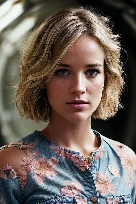 beautiful woman (EPD4fn3Sch1pp3rs:.99), blonde hair, Short crop hairstyle , ((portrait)), (closeup:1.2), ((from the waist up)), ((( indoors, tunnel :1.2 ))), natural skin texture, (( Floral print top and jeans :1.2)), 24mm, 4k textures, soft cinematic light, adobe lightroom, photolab, hdr, intricate, elegant, highly detailed, sharp focus, ((((cinematic look)))), soothing tones, insane details, intricate details, hyperdetailed, low contrast, soft cinematic light, exposure blend, hdr, faded, now, ("I've got a bad feeling about this.":1.1)